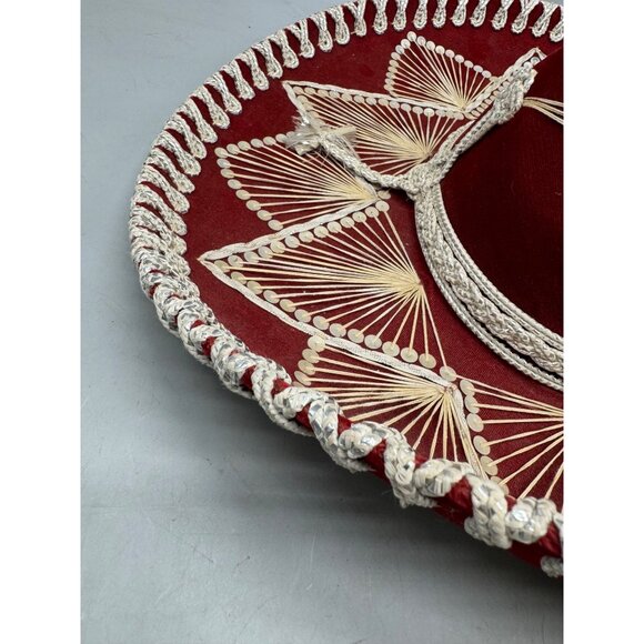 piggalle salazar Red Velvet Sombrero hat Intricate White Embroidery Tassel XL - Picture 4 of 13